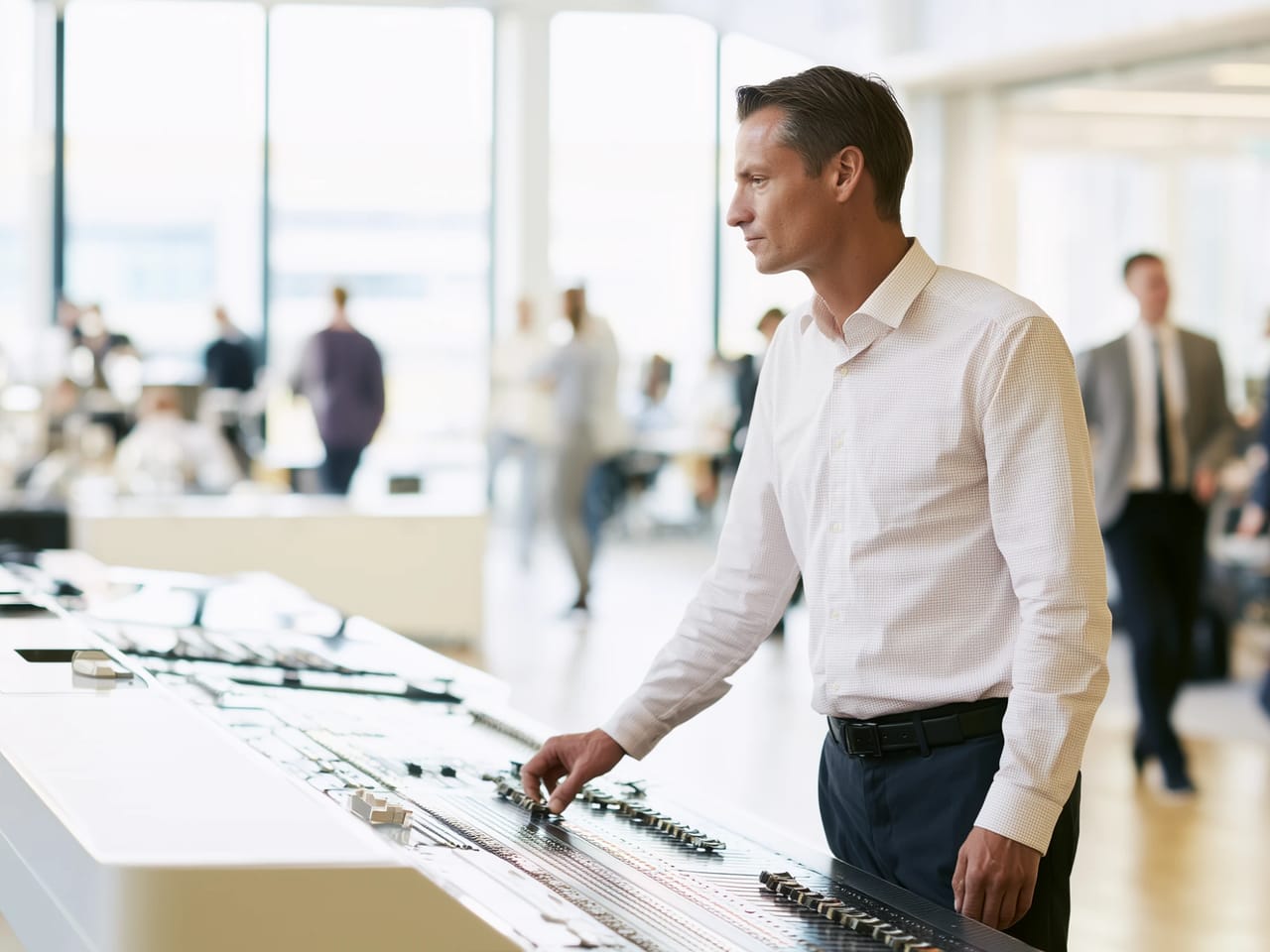 An executive stands at an operations console in a bright open-plan office while colleagues move through the workspace behind him.